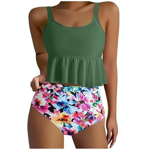 Yxzogd Women's 2025 Summer Ruffle Tankini Bikini Set Floral Swim Suit