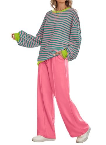 Kikibell Women's Striped Color Block Sweatshirt & Wide Leg Pants Trendy Tracksuit