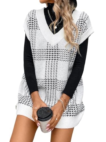 GORGLITTER Women's Oversized Plaid V-Neck Knit Dress Fall Fashion
