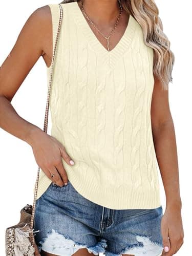 Fisoew Women's Vintage Knitted V-Neck Sleeveless Casual Vest