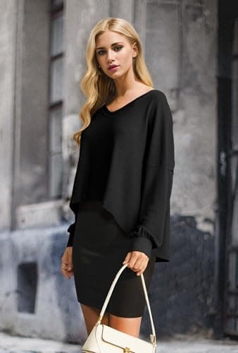 IWOLLENCE Women's Oversized Long Sleeve V-Neck Tunic Sweater Top