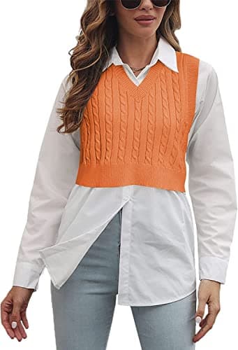 Lailezou Women's Solid Color Argyle Knit V-Neck Sleeveless Crop Vest
