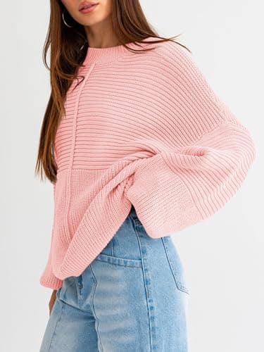 Langwyqu Women's Oversized Crew Neck Long Sleeve Knitted Pullover Tops