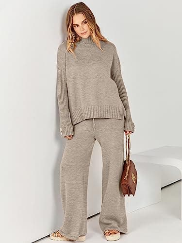 ANRABESS Women's 2-Piece 2024 Fashion Long Sleeve Knit Sweater & Wide Leg Pant Loungewear