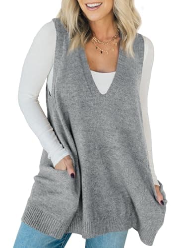 Saodimallsu Women's V-Neck Loose Knit A-Line Flattering Sleeveless Sweater Vest with Pockets