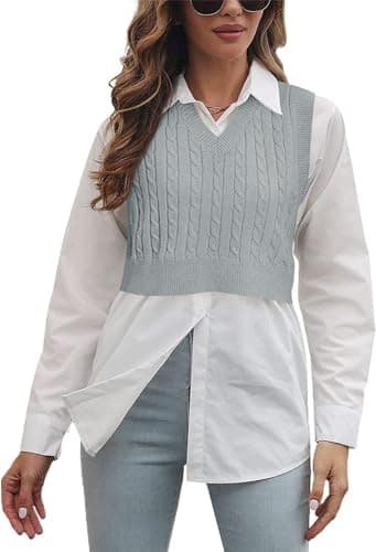 Lailezou Women's Solid Color Argyle Knit V-Neck Sleeveless Crop Vest