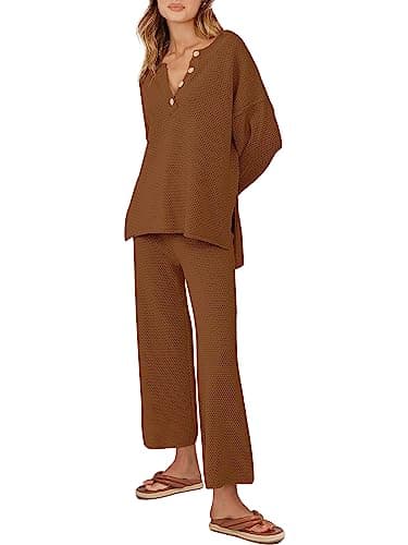 ANRABESS Women Oversized Loose Waffle Knit Sweater Set Cozy Matching Lounge Sets