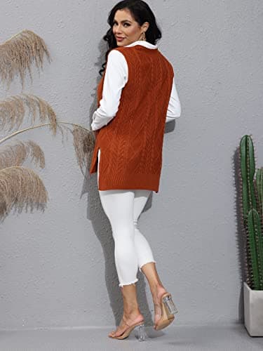 BWQ Women's Oversized Plaid V-Neck Cable Knit Sweater Tank Top