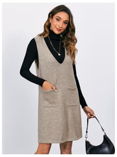 OYOANGLE Women's V-Neck Sleeveless Knitted Short Sweater Dress with Pockets