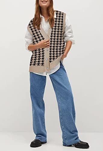 Viottiset Women's Oversized Houndstooth V-Neck Sweater Vest