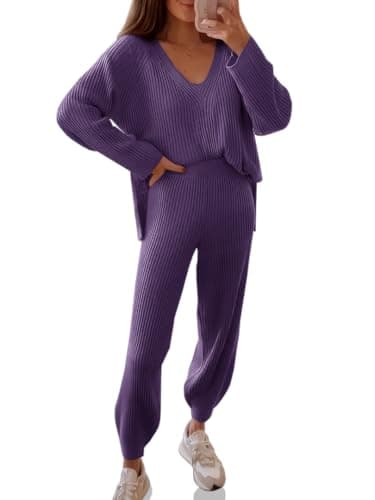 Tankaneo Women's Oversized V-Neck Sweater and Wide Leg Pants Loungewear Set