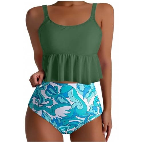 Yxzogd Women's 2025 Summer Ruffle Tankini Bikini Set Floral Swim Suit