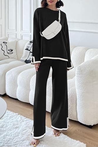 PRETTYGARDEN Women's Long Sleeve Knit Sweater Set & Wide Leg Pants Outfit