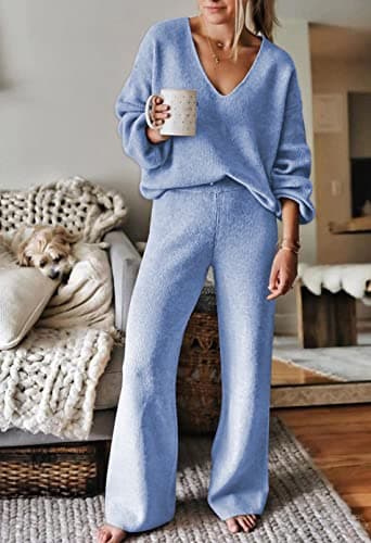 Women's 2-Piece V Neck Sweater Set with Wide Leg Pants in Blue