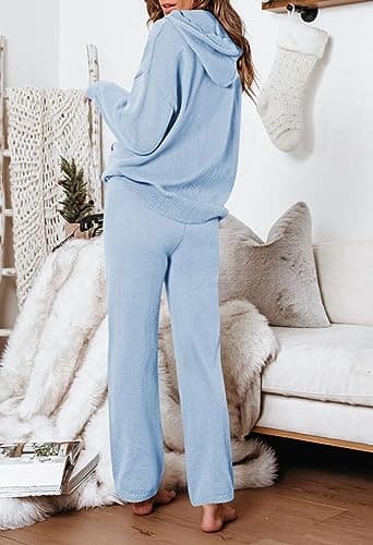 Women's Light Blue Lounge Set with Wide Leg Pants and Long Sleeve Hoodie