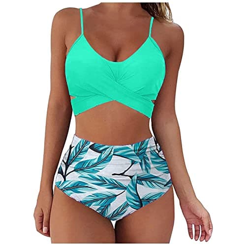 Maidsgop Women's High Waist Tankini Swimsuit Printed Bikini Set Comfortable Padded Bras