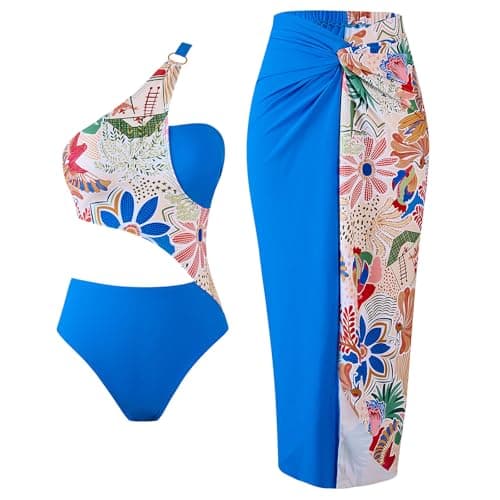 Cethrio Plus Size Vintage Printed Bodystyle Swimwear with Sarong Wrap Skirt