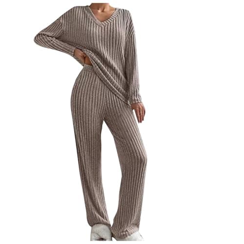 2024 Trendy Lightweight Knit Lounge Sets for Women V-Neck Straight Leg