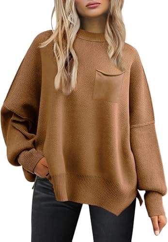 Women's Oversized 2025 Crewneck Ribbed Knit Batwing Sweater Tops