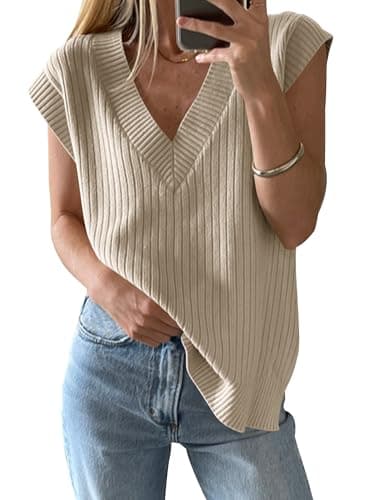HAEOF Women's V-Neck Spring Summer Casual Ribbed Knit Tank Top