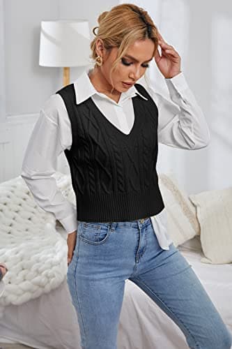 Aoysky Women's V-Neck Cable Knit Sweater Vest Solid Color Sleeveless Top