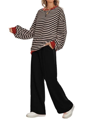 Kikibell Women's Striped Color Block Sweatshirt & Wide Leg Pants Trendy Tracksuit
