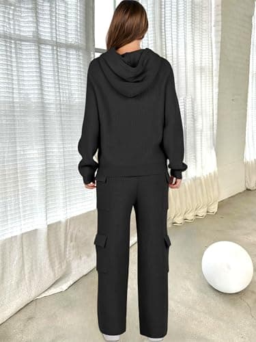 ANRABESS Women's Hooded Knit Sweater & Straight Leg Pants Fall Travel Outfit