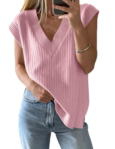 HAEOF Women's V-Neck Spring Summer Casual Ribbed Knit Tank Top