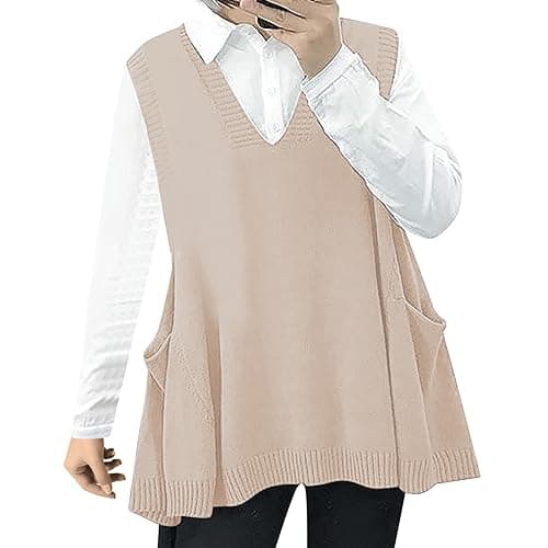 Oversized Women's V Neck Sweater Vest with Pockets