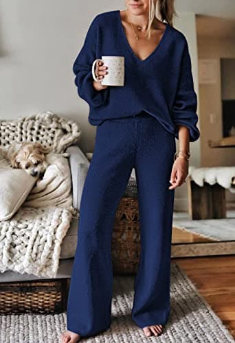 Viottiset Women's Dark Blue V-Neck Sweater & Wide Leg Pants Lounge Set