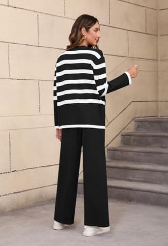 Viottiset Women's Stripe Sweatsuit Set: Long Sleeve Button Sweatshirt & Wide Leg Sweatpants