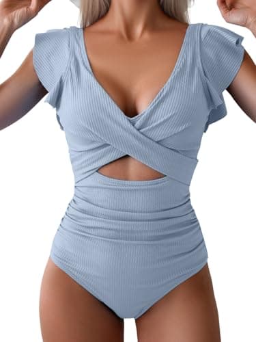 B2prity Women's Slimming V-Neck One Piece Swimwear with Ruffle Cutout