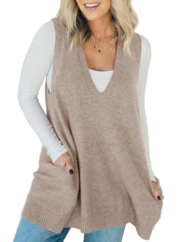 Saodimallsu Women's V-Neck Loose Knit A-Line Flattering Sleeveless Sweater Vest with Pockets
