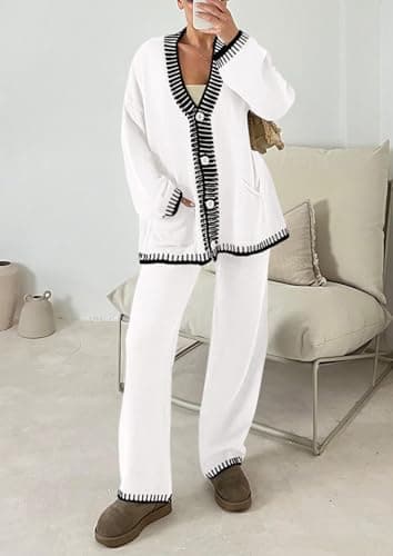 PRETTYGARDEN Women's Matching Lounge Sets Knit Cardigan & Wide Leg Pants
