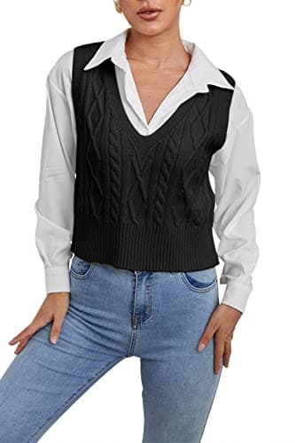 Aoysky Women's V-Neck Cable Knit Sweater Vest Solid Color Sleeveless Top