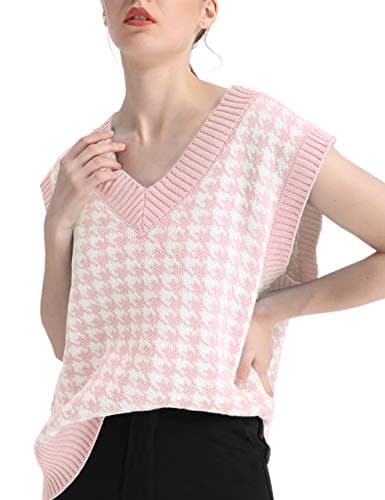 Oversized Houndstooth Knitted Vest Sweater for Vintage V-Neck Loose Sleeveless Sweater