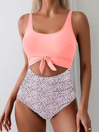 Eomenie Women's Tummy Control One Piece Swimwear with Cutout Tie Knot