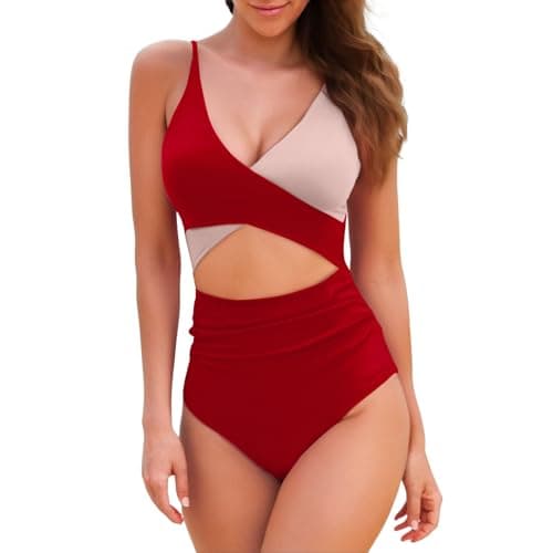 Color Block Tummy Control High Waisted V-Neck One Piece Bathing Suit