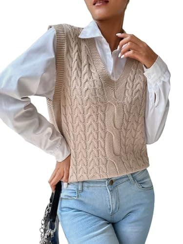 RefindWin Women's Casual V-Neck Cable Knit Sweater Vest