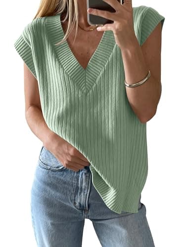 HAEOF Women's V-Neck Spring Summer Casual Ribbed Knit Tank Top