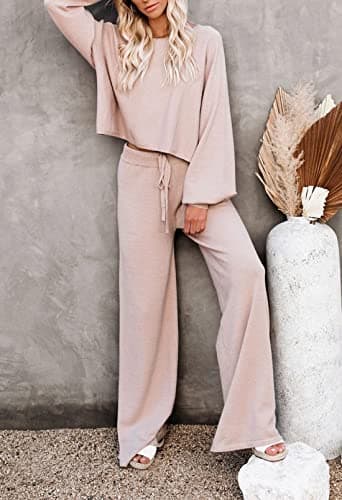 Apricot XL Women's 2-Piece Lounge Set with Long Sleeve Sweater and Wide Leg Pants