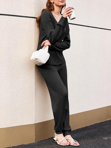 Tankaneo Women's Oversized V-Neck Knit Sets & Wide Leg Pants