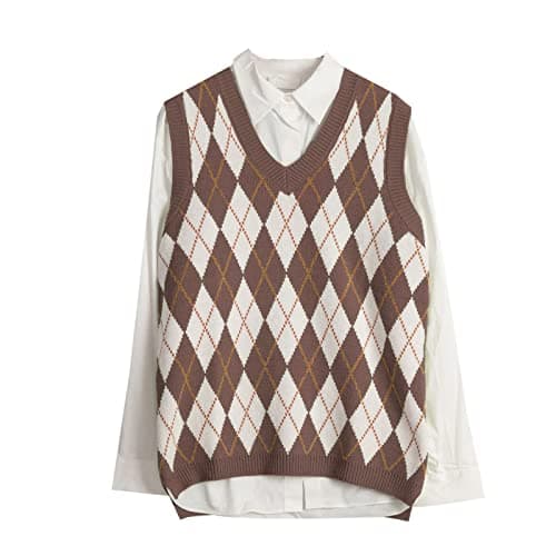 Women's Preppy Argyle Plaid Sleeveless Sweater Vest Casual Tank Top