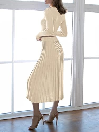 Pink Queen Women's 2-Piece Long Sleeve Crop Top & Ribbed Midi Skirt Knit Dress Set