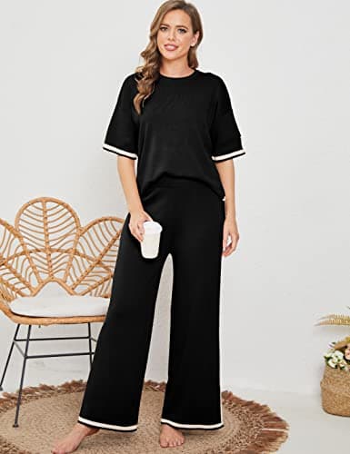 Faleave Women's Short Sleeve Knit Sweater & Elastic Waist Wide Leg Pants Lounge Set