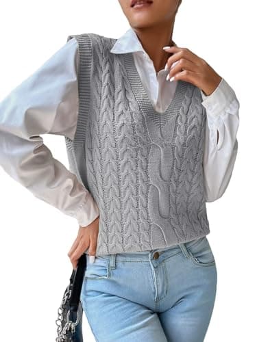 RefindWin Women's Casual V-Neck Cable Knit Sweater Vest