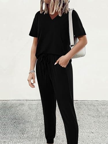 MASCOMODA Women's Summer V-NeckShort Sleeve Top & Long Pants Tracksuit