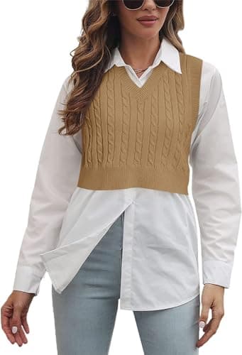 Lailezou Women's Solid Color Argyle Knit V-Neck Sleeveless Crop Vest