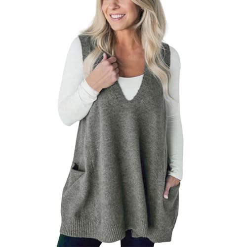 Flattering Oversized Women's Sleeveless V-Neck Knit Sweater Vest with Pockets