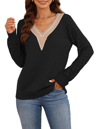 Trendy Long Sleeve Lace V Neck Knit Loose Pullover Sweaters for Women